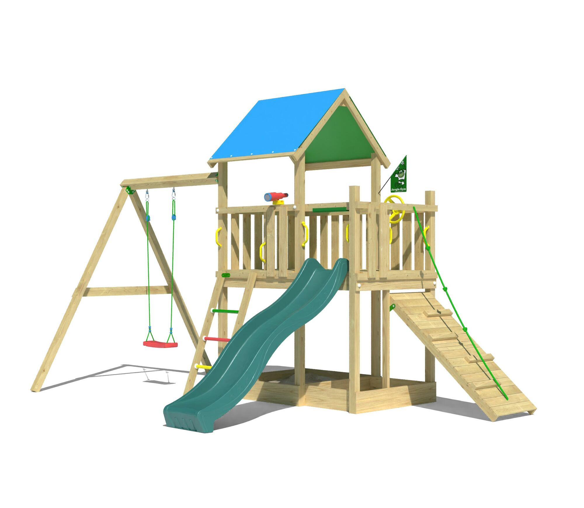 Wooden climbing frame for kids with a blue roof, green slide, swings, and climbing ramp