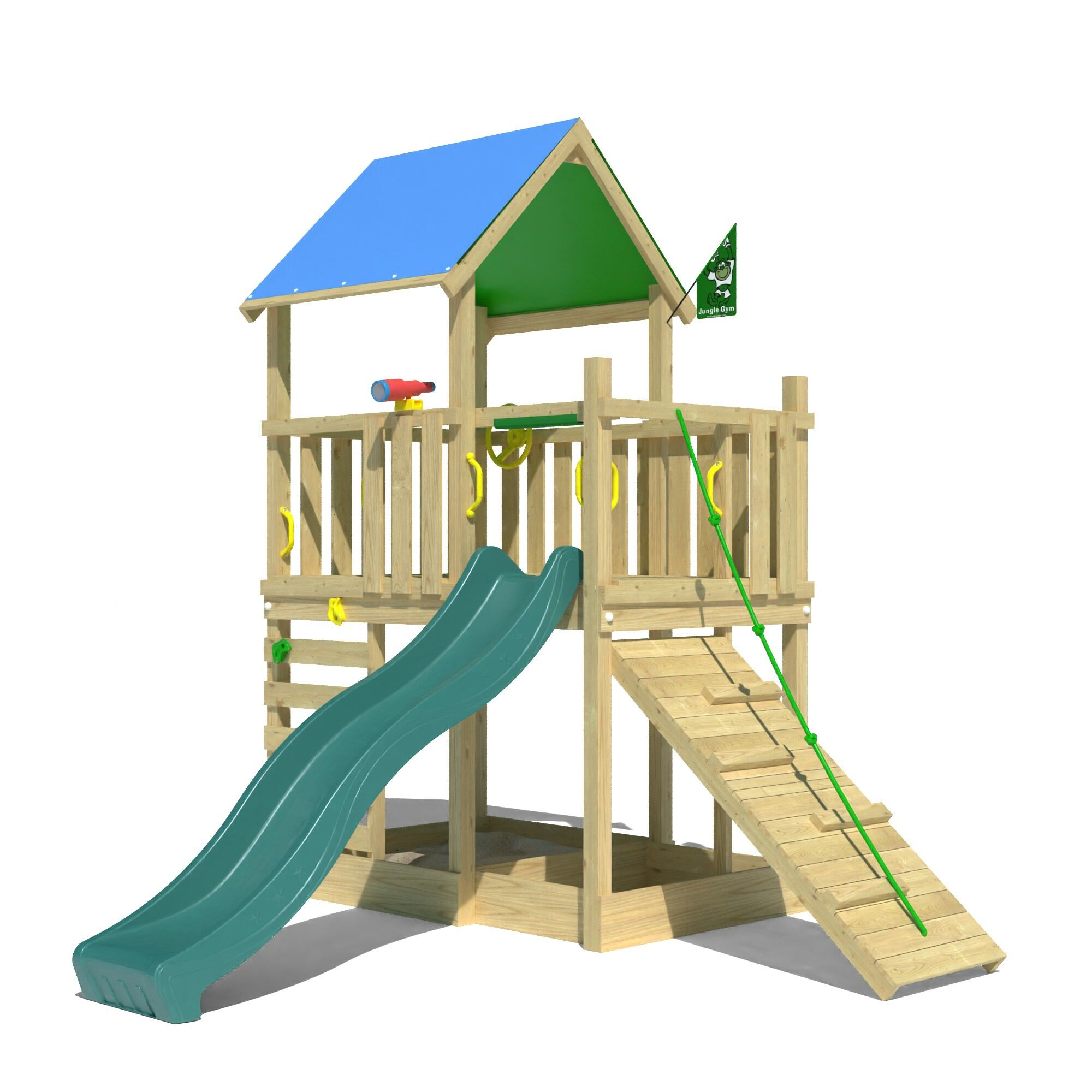 Wooden climbing frame with a blue roof, green slide, and climbing ramp